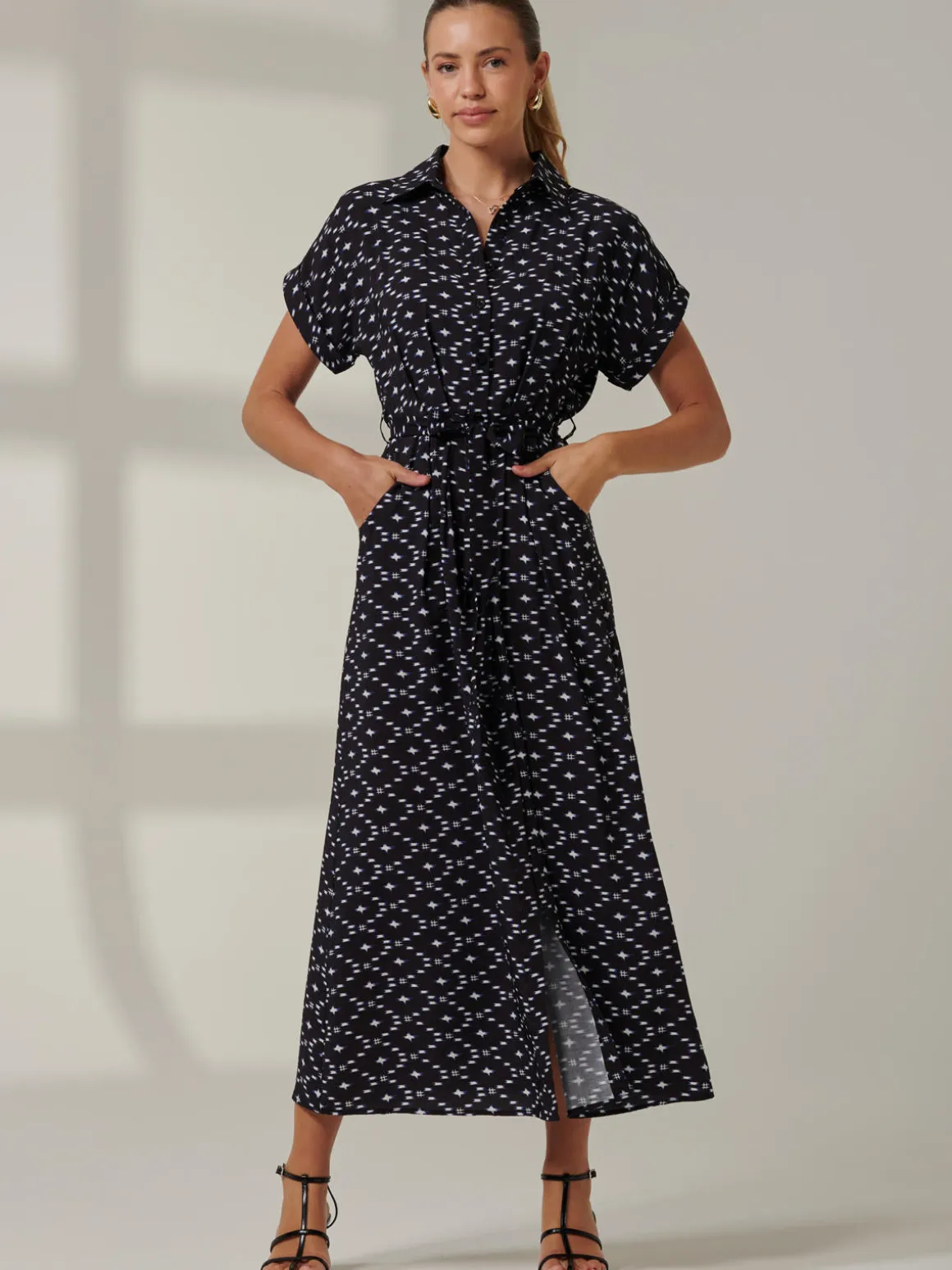 Drop Shoulder Shirt Maxi Dress, Black Star