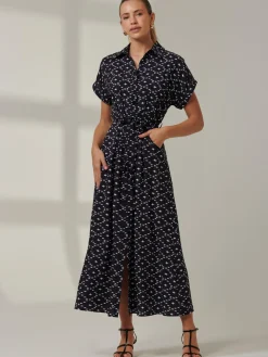 Drop Shoulder Shirt Maxi Dress, Black Star