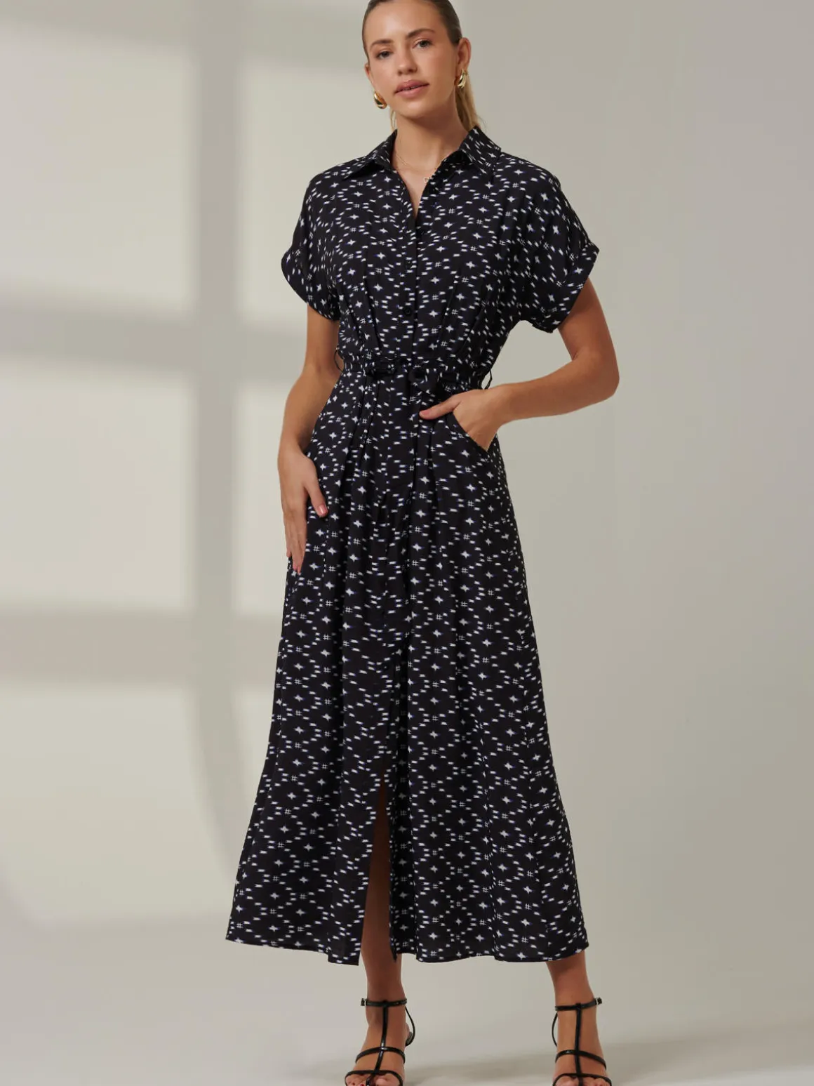 Drop Shoulder Shirt Maxi Dress, Black Star