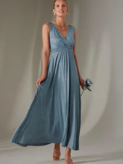 Ella Wrap Bodice Jersey Maxi Dress, Steel Blue