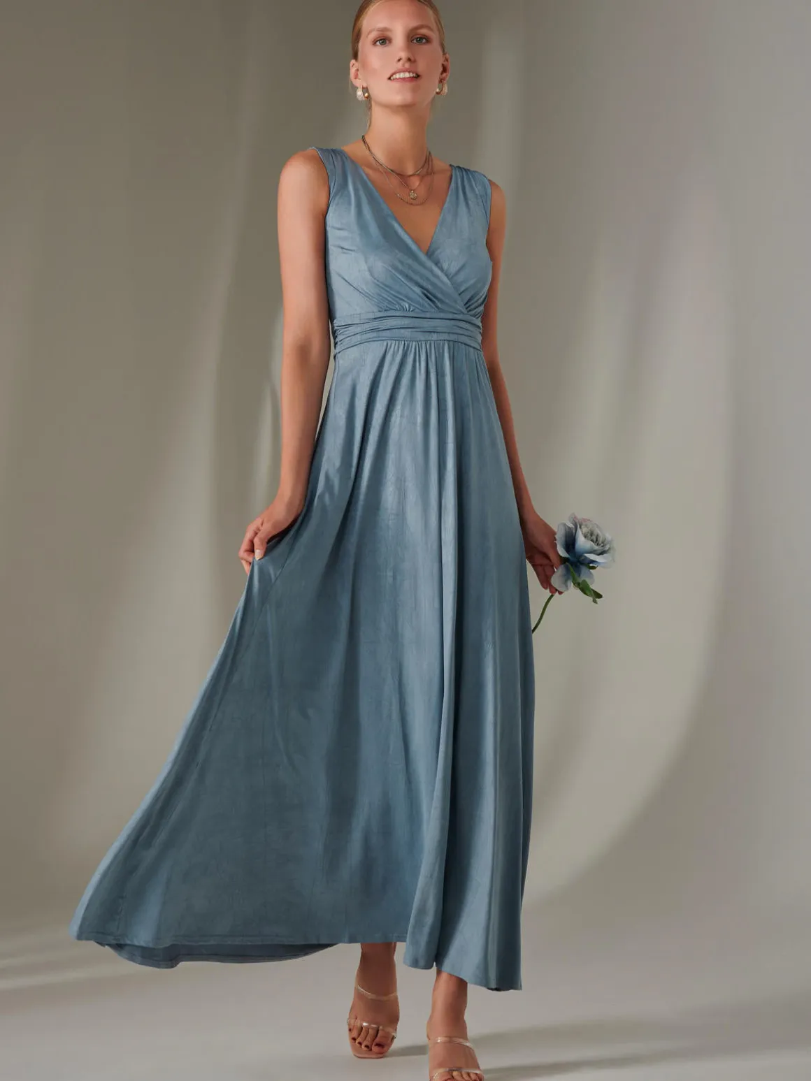 Ella Wrap Bodice Jersey Maxi Dress, Steel Blue