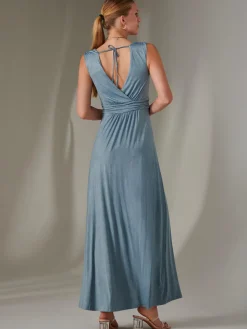 Ella Wrap Bodice Jersey Maxi Dress, Steel Blue