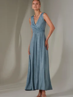 Ella Wrap Bodice Jersey Maxi Dress, Steel Blue