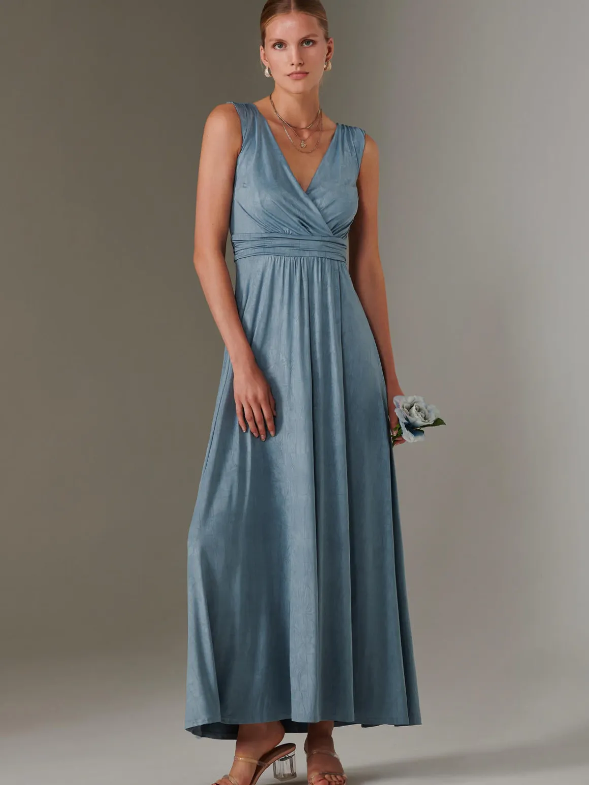 Ella Wrap Bodice Jersey Maxi Dress, Steel Blue