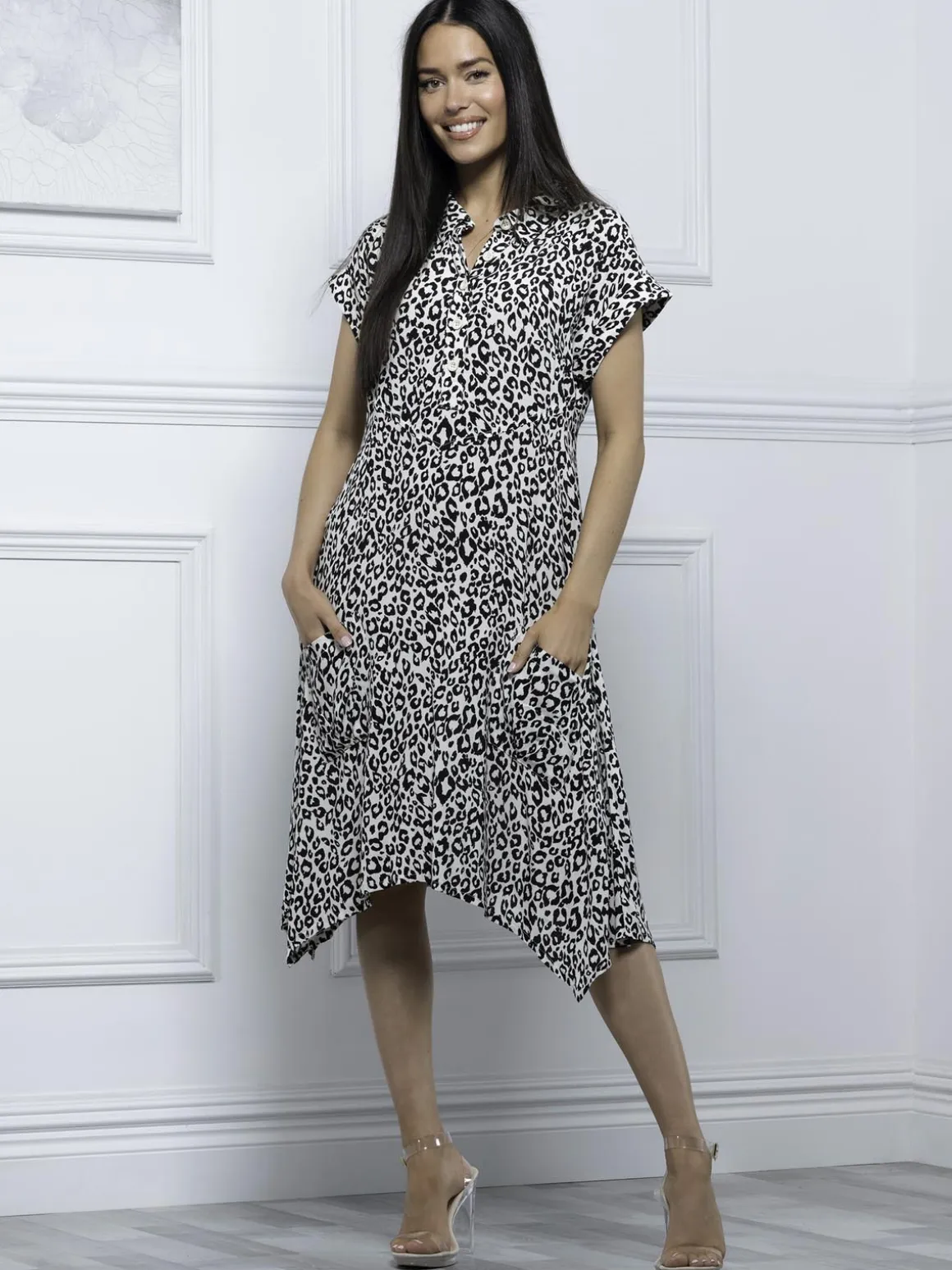Elle Print Hanky Tunic Dress, Black Animal