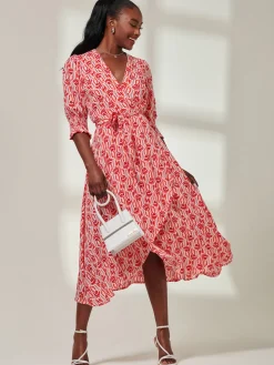 Ellie Crepe Wrap Puff Sleeve Midi Dress, Red Geo