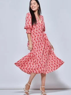 Ellie Crepe Wrap Puff Sleeve Midi Dress, Red Geo