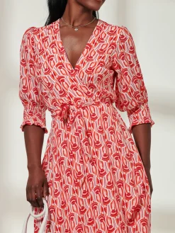 Ellie Crepe Wrap Puff Sleeve Midi Dress, Red Geo