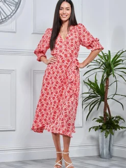 Ellie Crepe Wrap Puff Sleeve Midi Dress, Red Geo