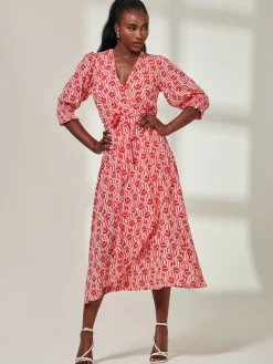 Ellie Crepe Wrap Puff Sleeve Midi Dress, Red Geo