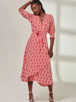 Ellie Crepe Wrap Puff Sleeve Midi Dress, Red Geo