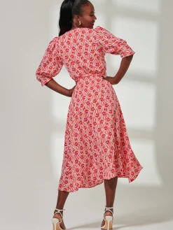 Ellie Crepe Wrap Puff Sleeve Midi Dress, Red Geo