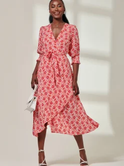 Ellie Crepe Wrap Puff Sleeve Midi Dress, Red Geo
