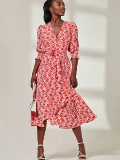 Ellie Crepe Wrap Puff Sleeve Midi Dress, Red Geo