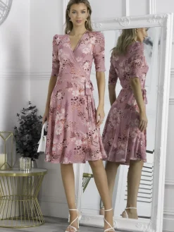 Elodea Mesh Ruched Sleeve Wrap Dress, Pink Floral