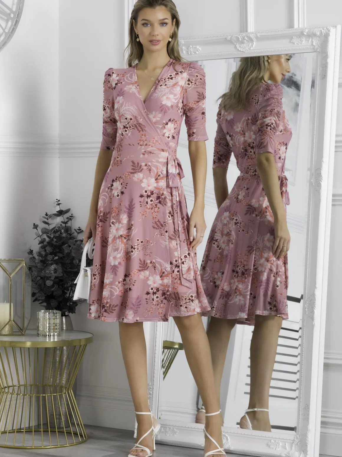 Elodea Mesh Ruched Sleeve Wrap Dress, Pink Floral