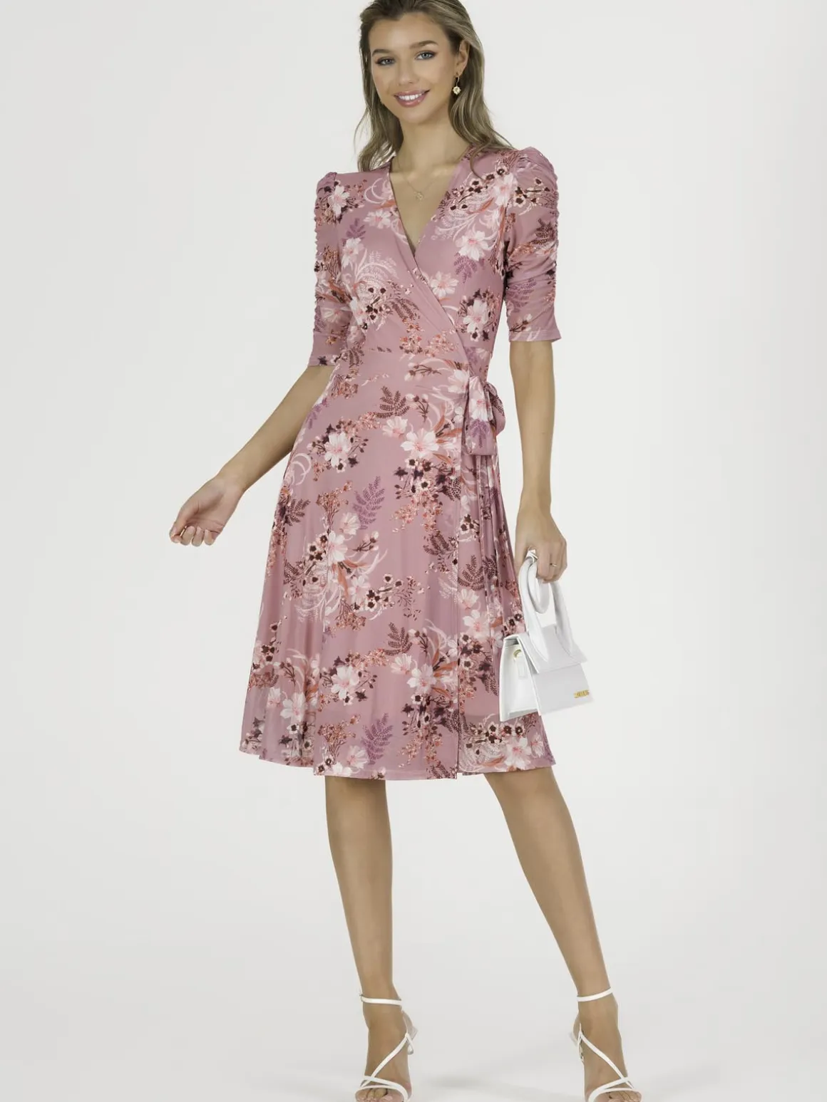 Elodea Mesh Ruched Sleeve Wrap Dress, Pink Floral