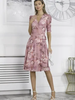 Elodea Mesh Ruched Sleeve Wrap Dress, Pink Floral