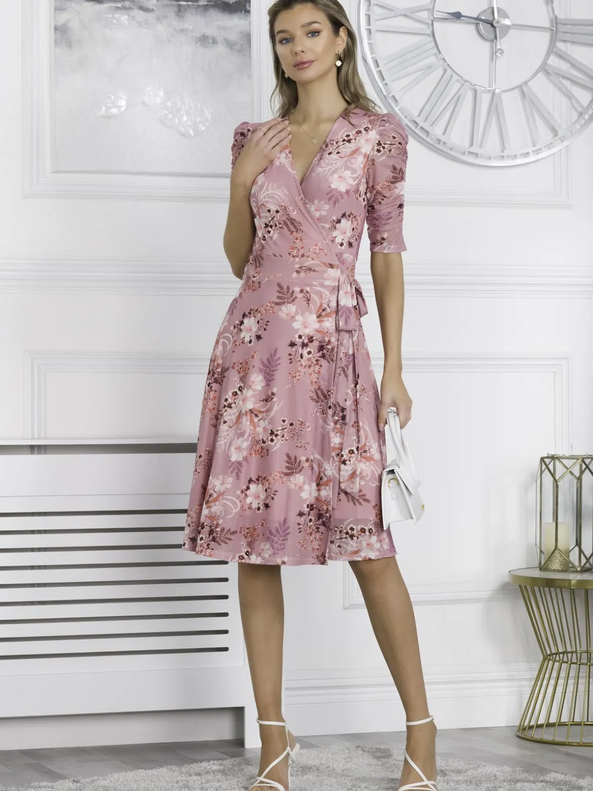 Elodea Mesh Ruched Sleeve Wrap Dress, Pink Floral