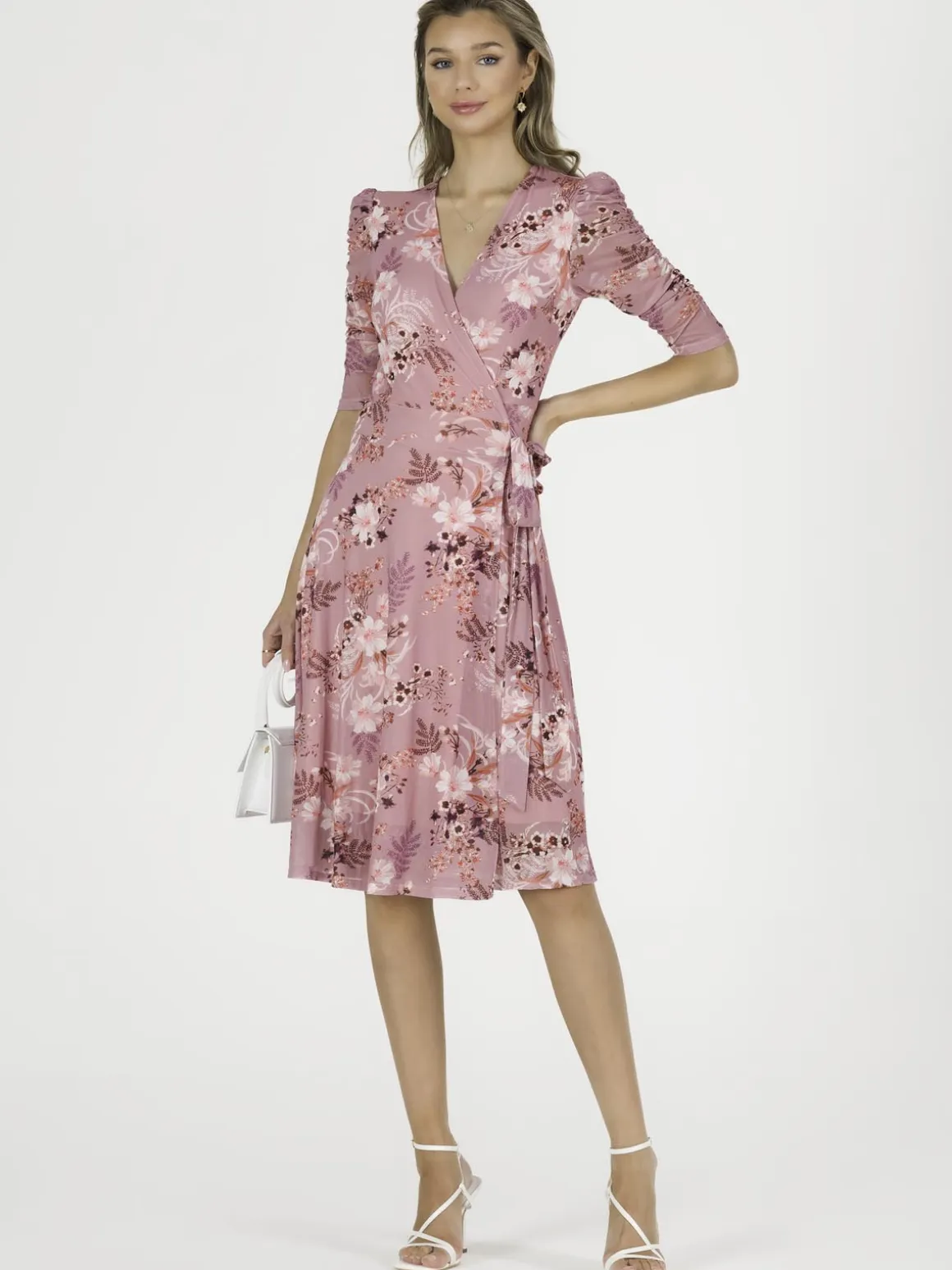 Elodea Mesh Ruched Sleeve Wrap Dress, Pink Floral
