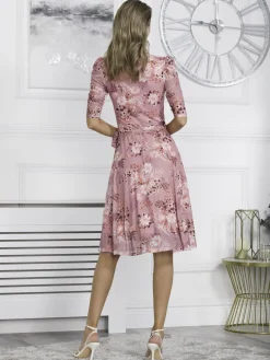 Elodea Mesh Ruched Sleeve Wrap Dress, Pink Floral