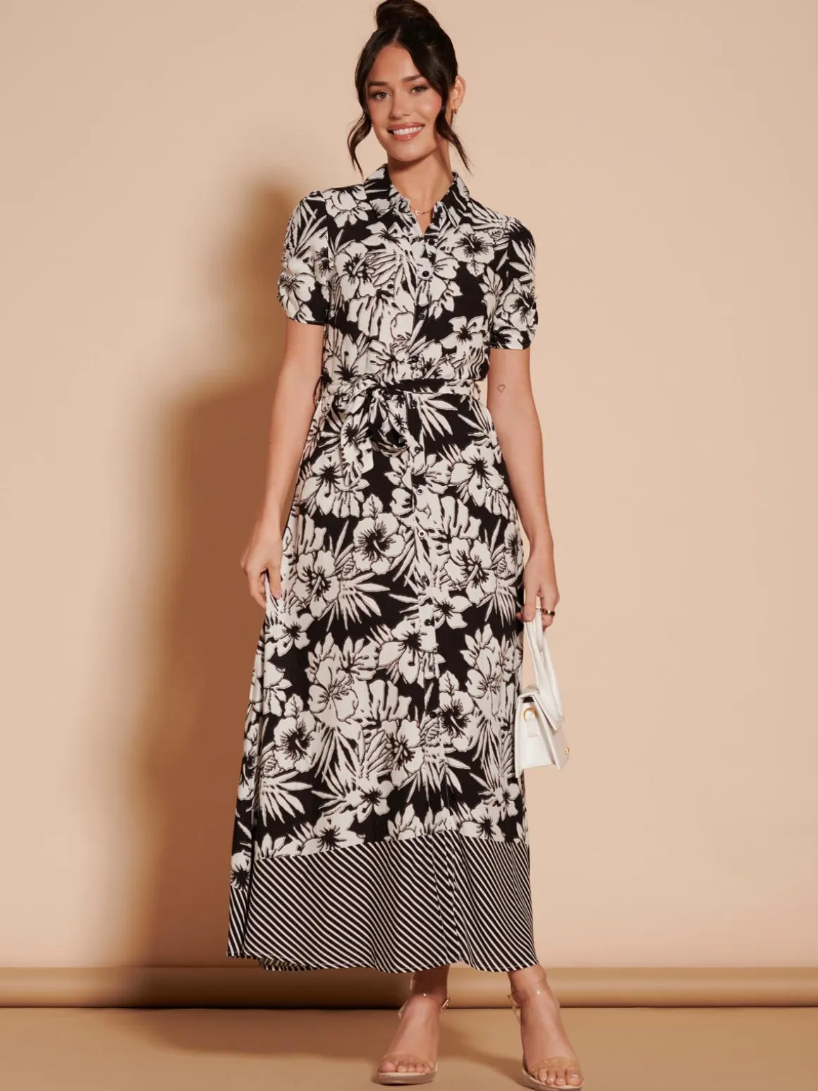 Elsie Floral Viscose Shirt Maxi Dress, Black Multi