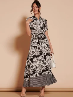 Elsie Floral Viscose Shirt Maxi Dress, Black Multi