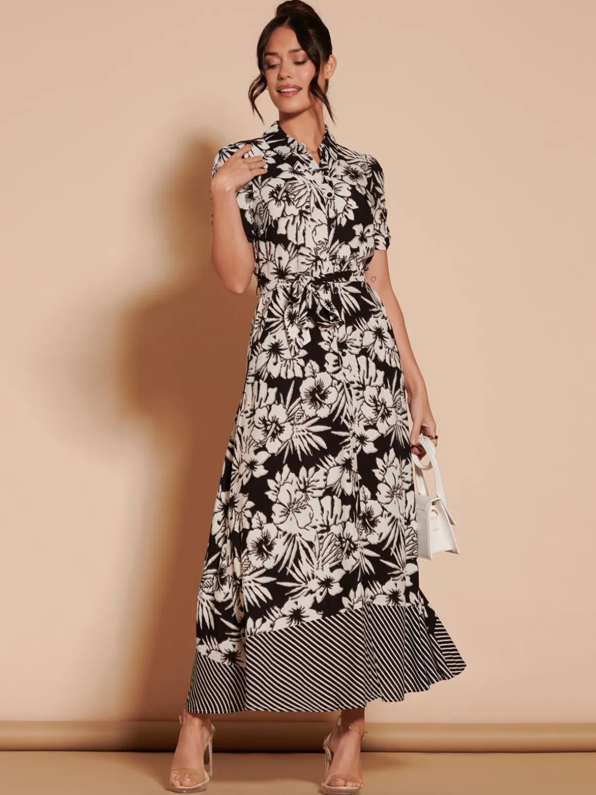 Elsie Floral Viscose Shirt Maxi Dress, Black Multi