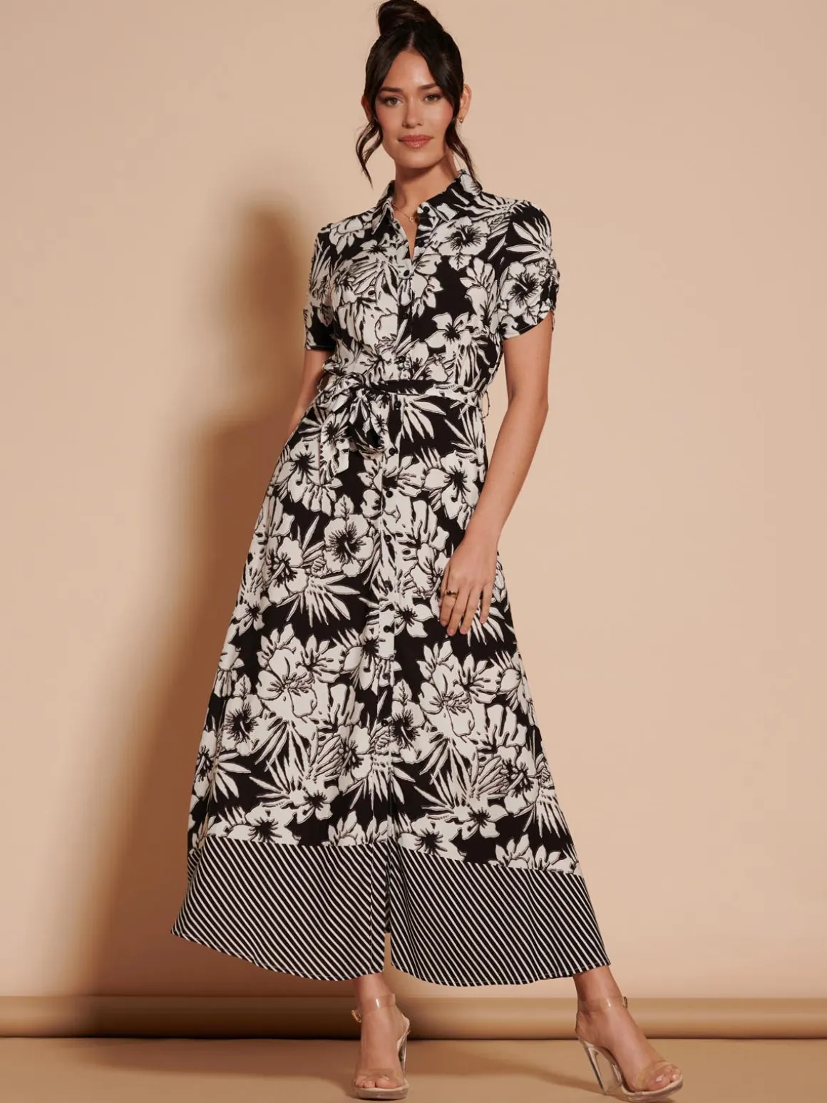 Elsie Floral Viscose Shirt Maxi Dress, Black Multi