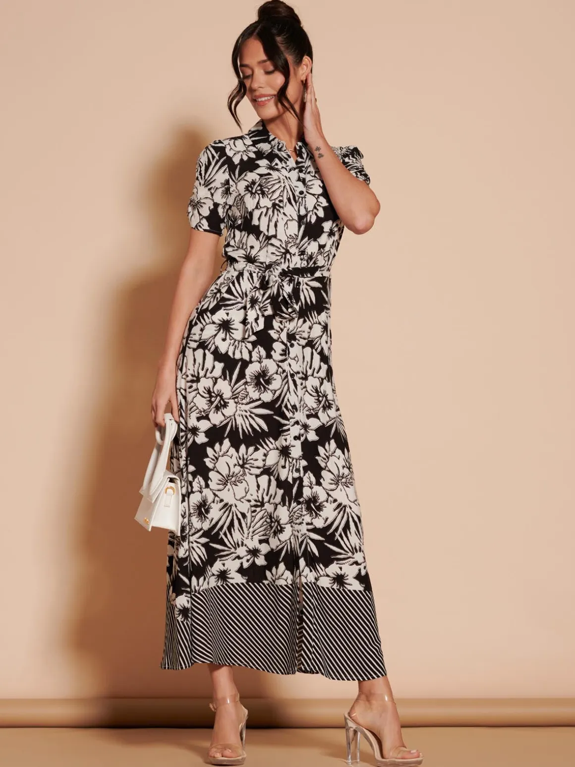 Elsie Floral Viscose Shirt Maxi Dress, Black Multi