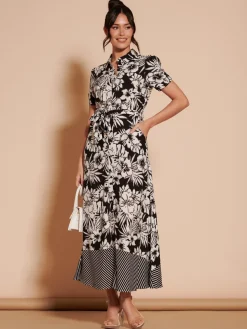 Elsie Floral Viscose Shirt Maxi Dress, Black Multi