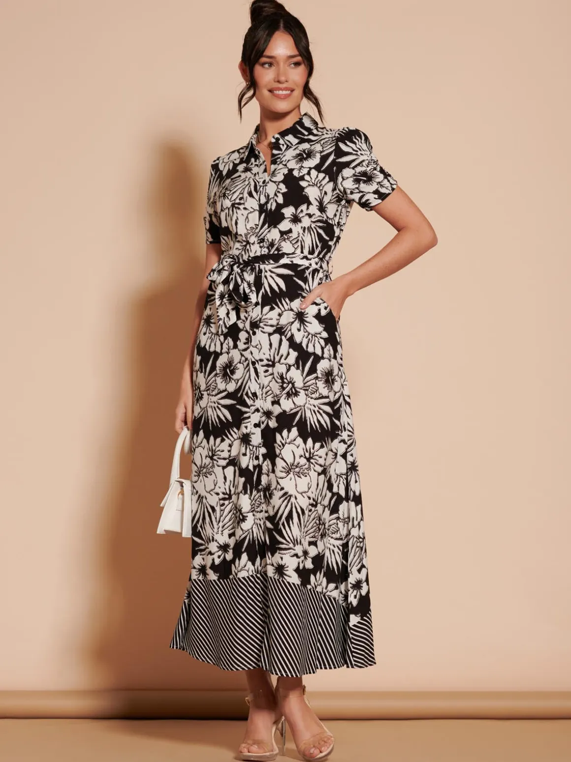 Elsie Floral Viscose Shirt Maxi Dress, Black Multi