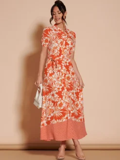 Elsie Floral Viscose Shirt Maxi Dress, Orange Multi