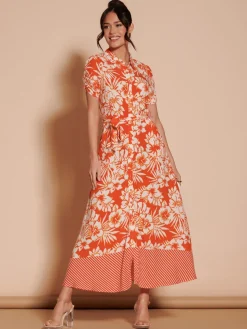 Elsie Floral Viscose Shirt Maxi Dress, Orange Multi
