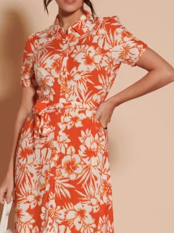 Elsie Floral Viscose Shirt Maxi Dress, Orange Multi