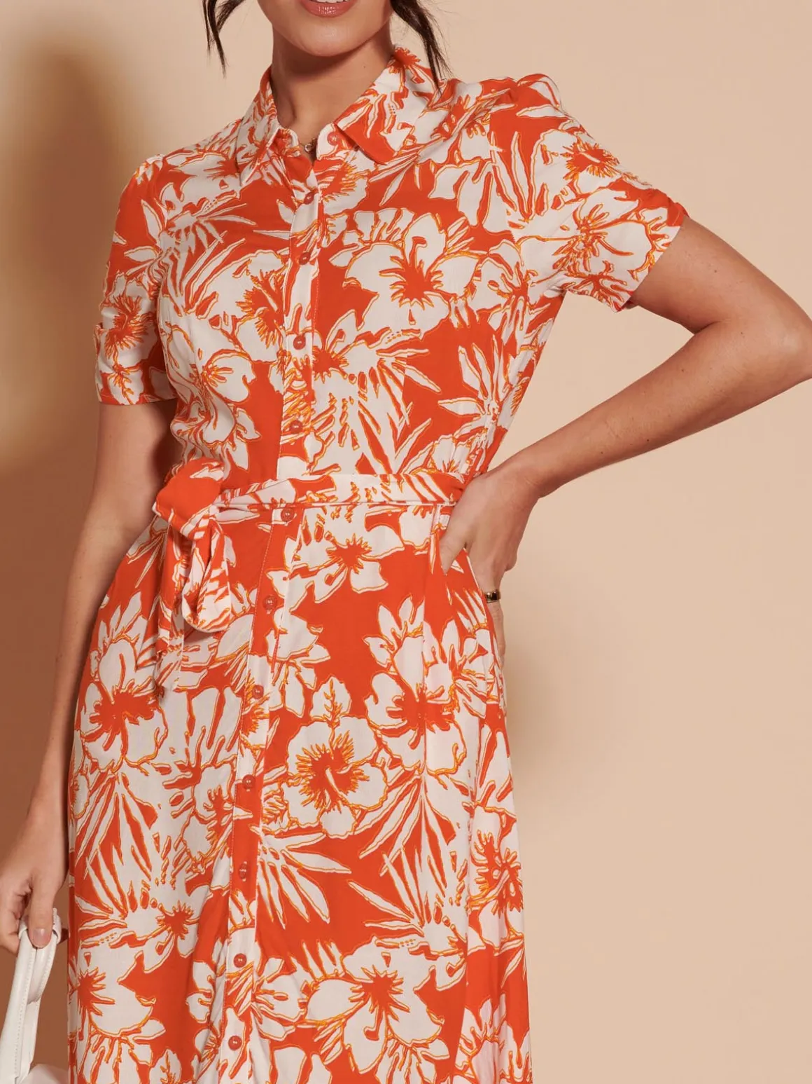 Elsie Floral Viscose Shirt Maxi Dress, Orange Multi