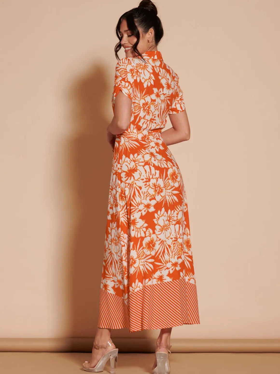 Elsie Floral Viscose Shirt Maxi Dress, Orange Multi