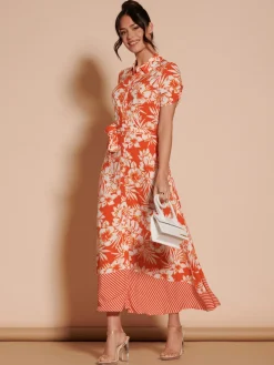 Elsie Floral Viscose Shirt Maxi Dress, Orange Multi