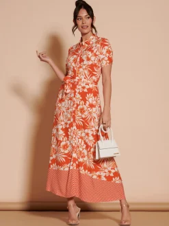 Elsie Floral Viscose Shirt Maxi Dress, Orange Multi