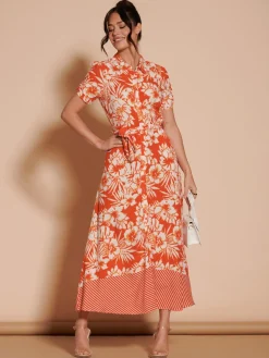 Elsie Floral Viscose Shirt Maxi Dress, Orange Multi