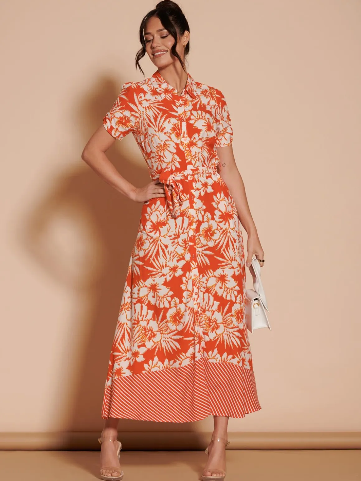 Elsie Floral Viscose Shirt Maxi Dress, Orange Multi