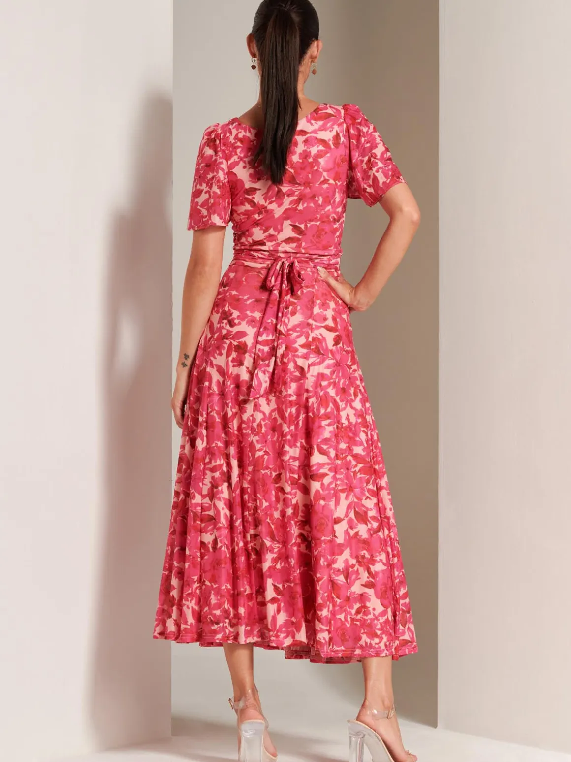 Elvira Print Mesh Maxi Dress, Pink Multi