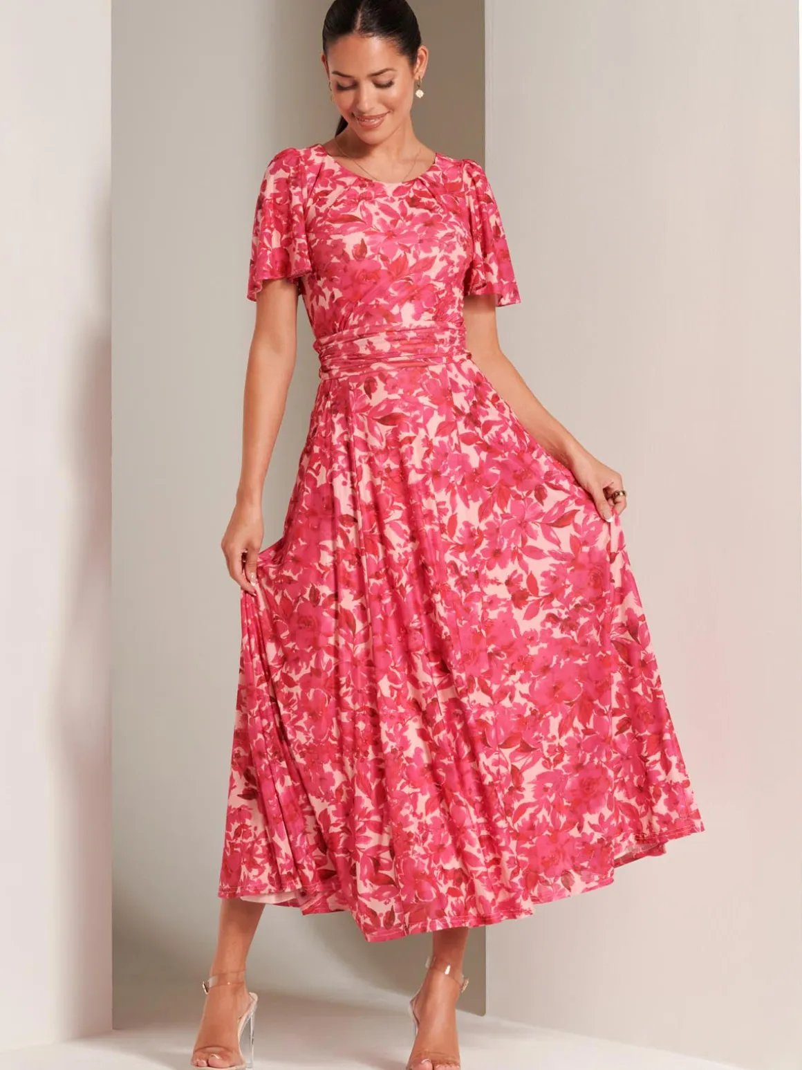 Elvira Print Mesh Maxi Dress, Pink Multi