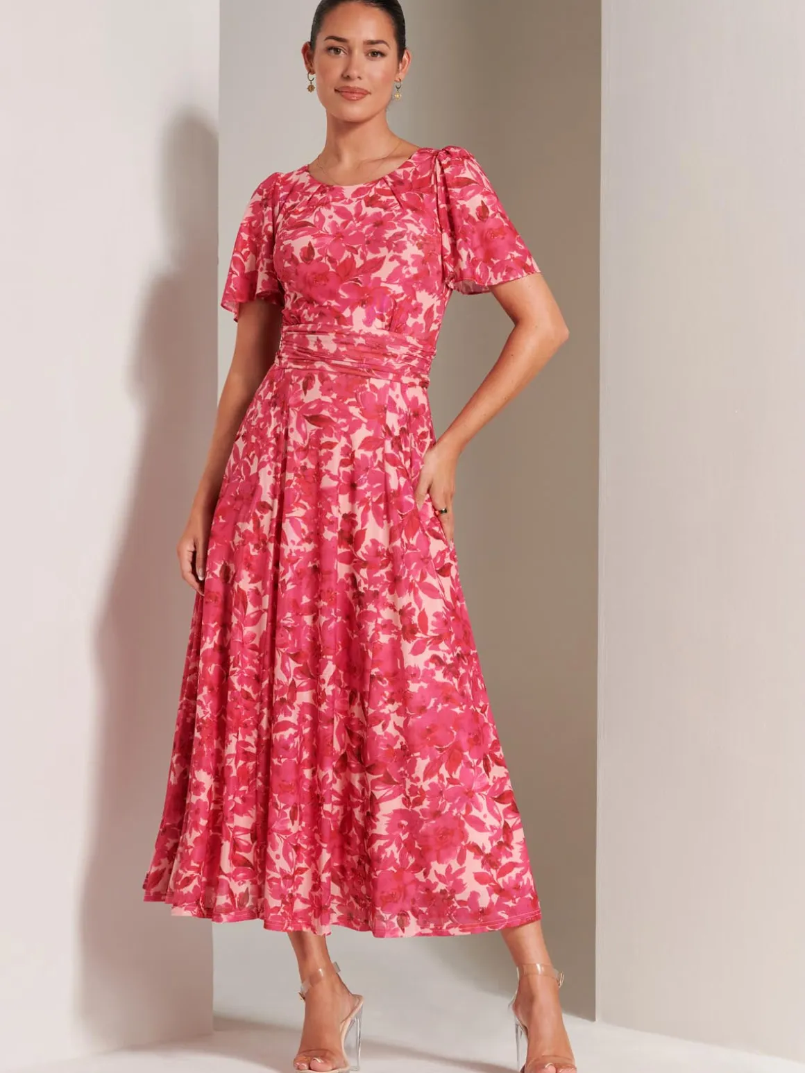 Elvira Print Mesh Maxi Dress, Pink Multi