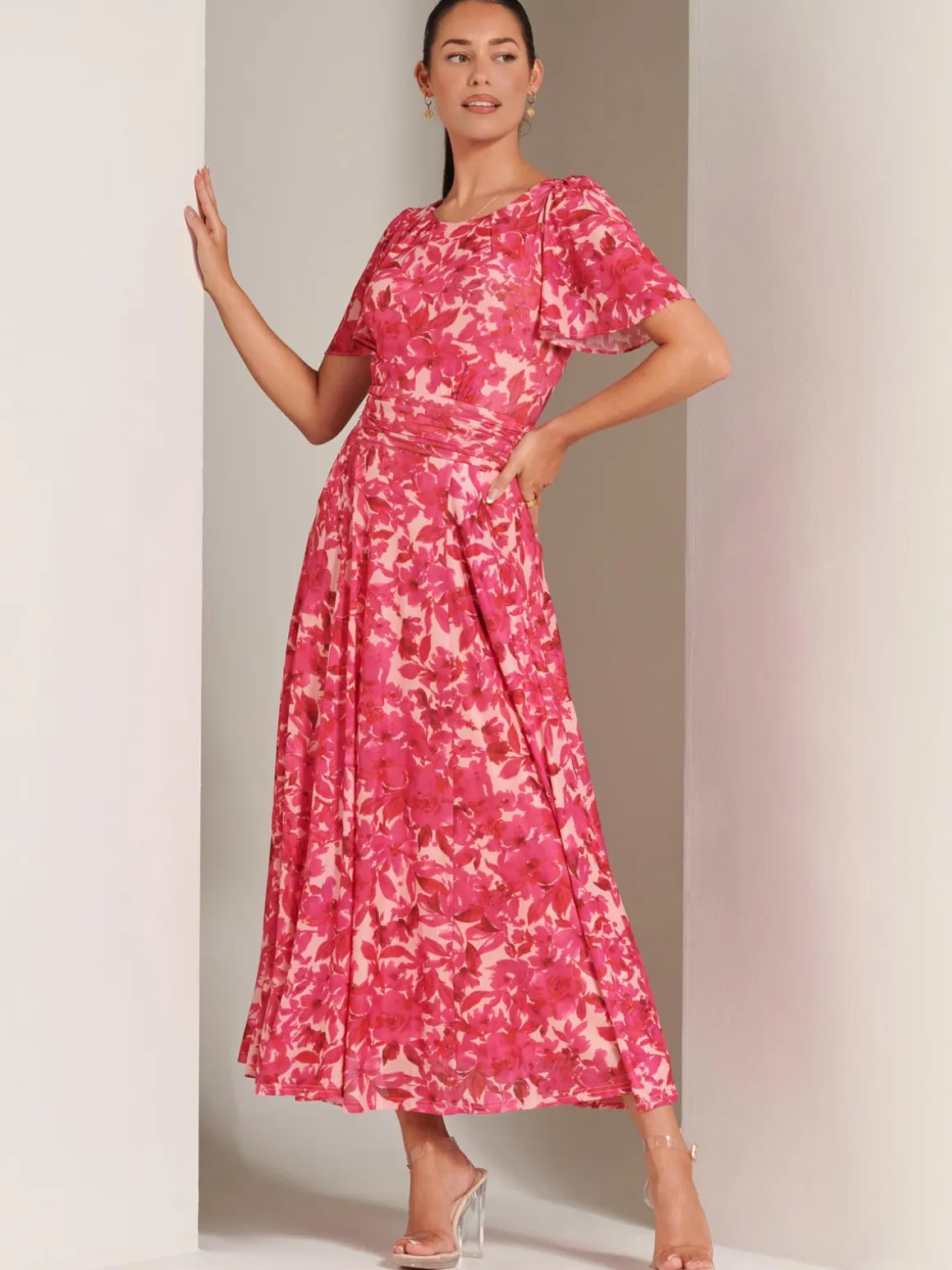 Elvira Print Mesh Maxi Dress, Pink Multi