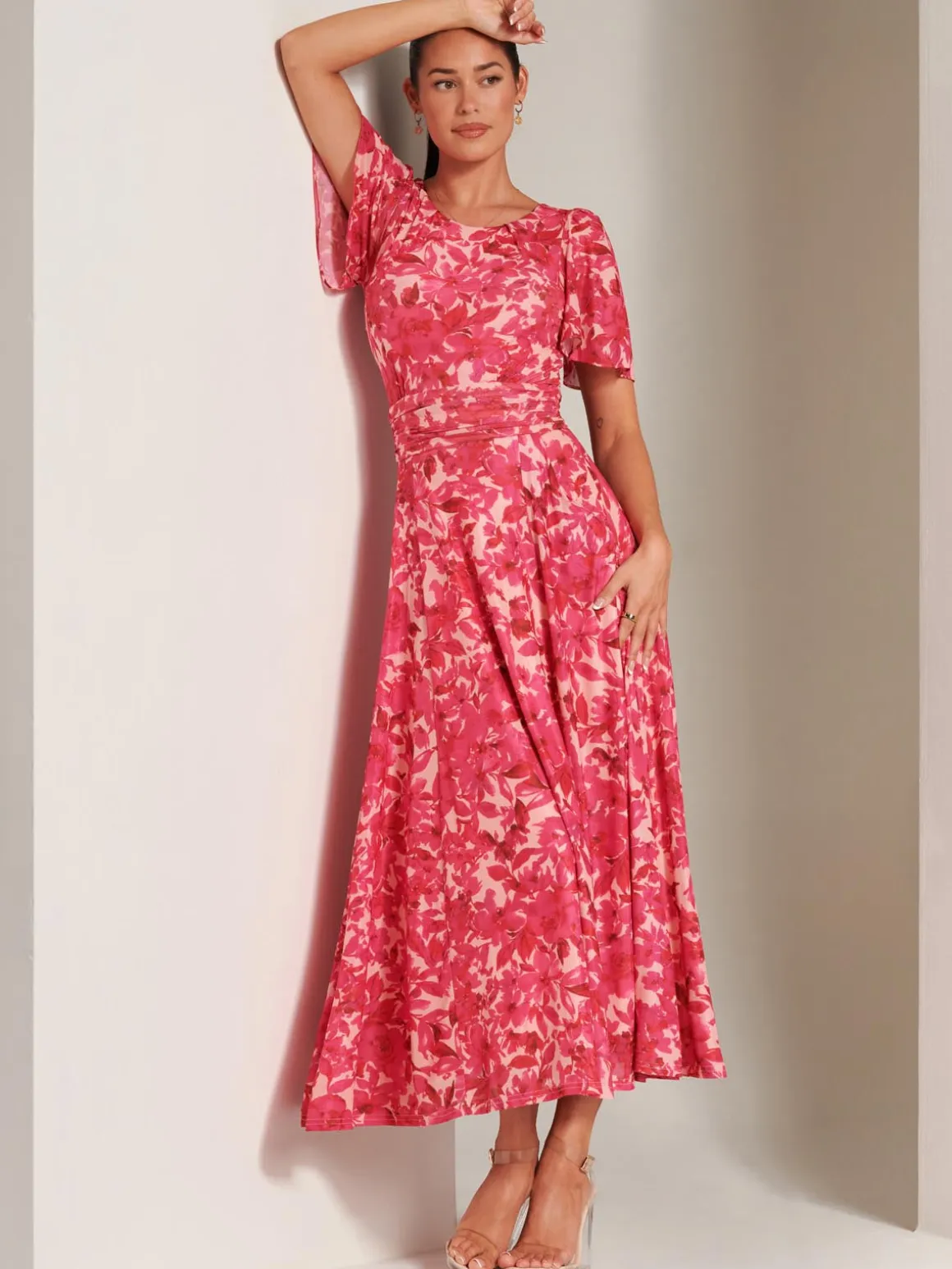 Elvira Print Mesh Maxi Dress, Pink Multi
