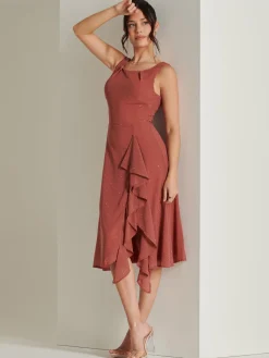 Embellished Frill Hem Chiffon Dress, Rust