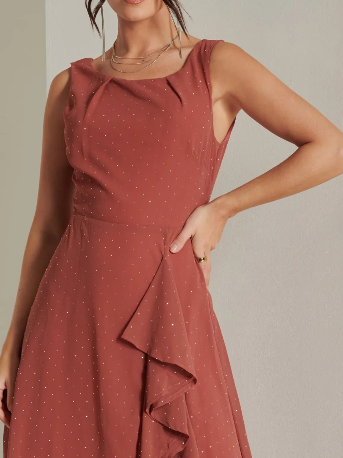 Embellished Frill Hem Chiffon Dress, Rust