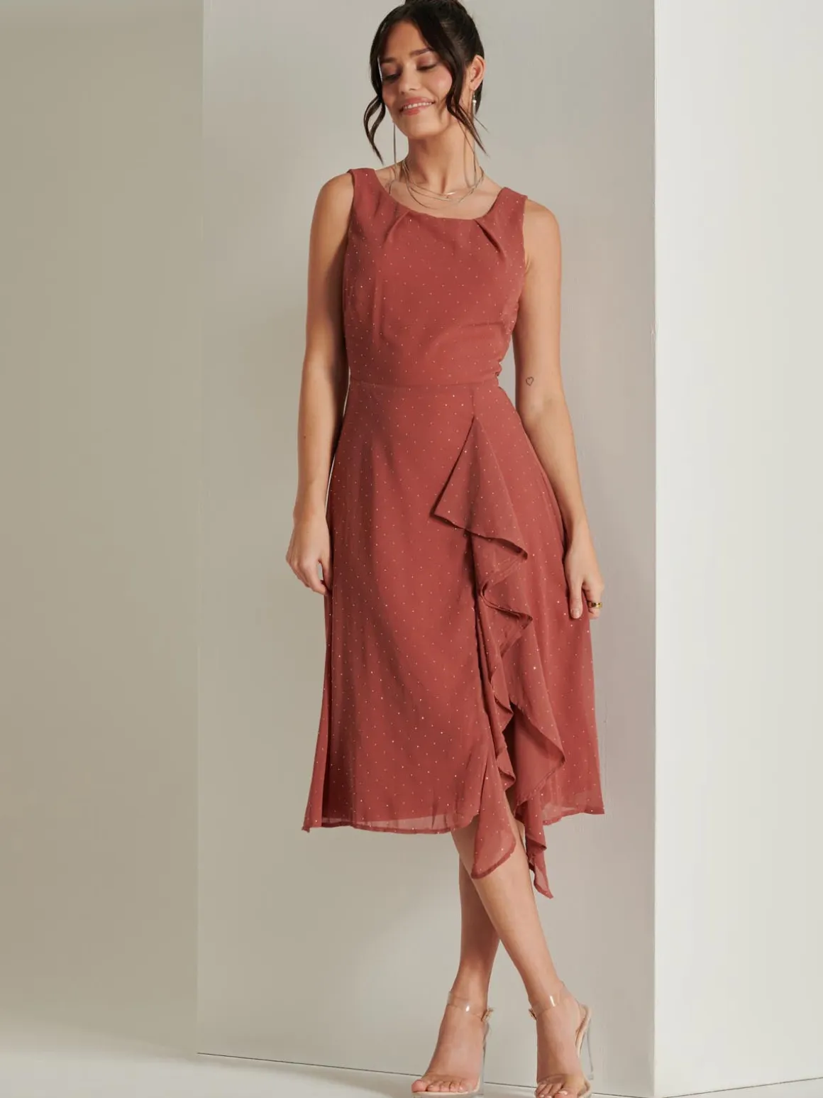 Embellished Frill Hem Chiffon Dress, Rust