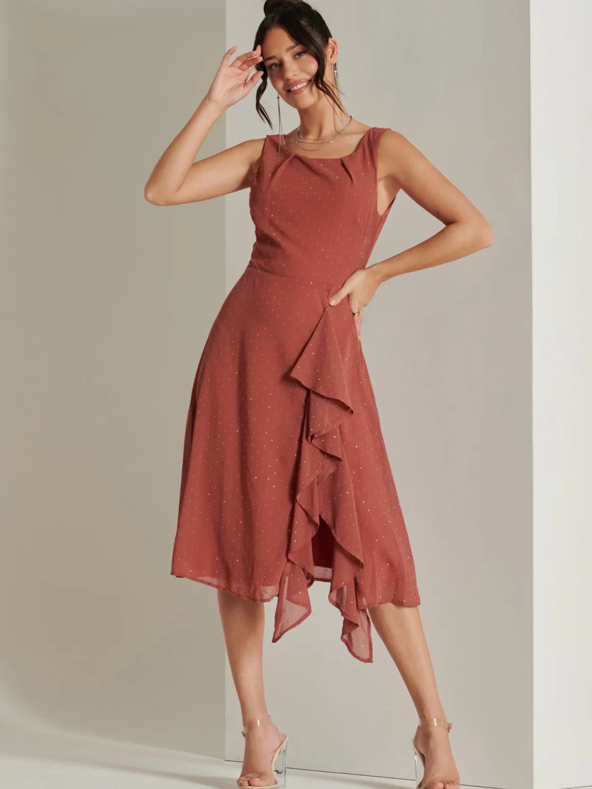 Embellished Frill Hem Chiffon Dress, Rust